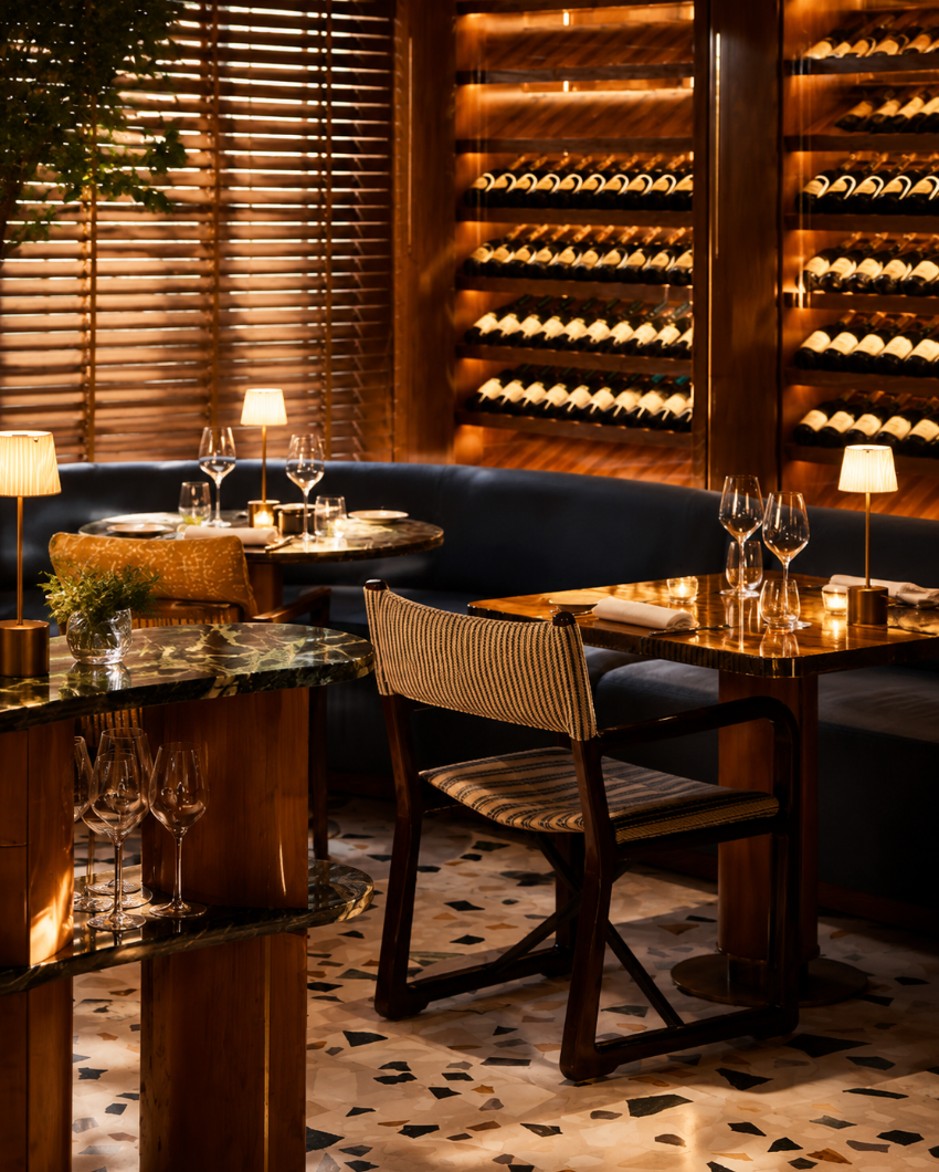 ALBA dining room and wine wall